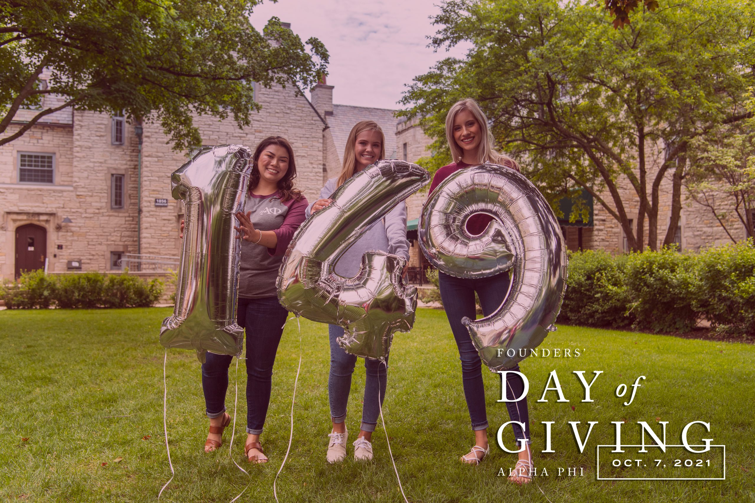 A logo displaying Founders' Day of Giving October 7, 2021 superimposed on an image of three smiling women holding silver foil balloons displaying the number 149.